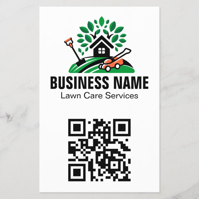 Green Landscape Logo House Tree Lawn Mower Qr Code Flyer (Front)