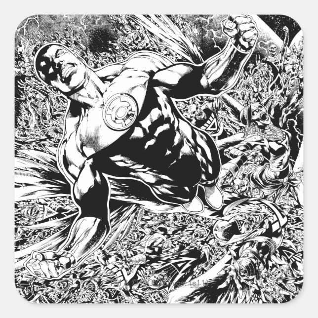 Green Lantern and the Moon - Black and White Square Sticker (Front)