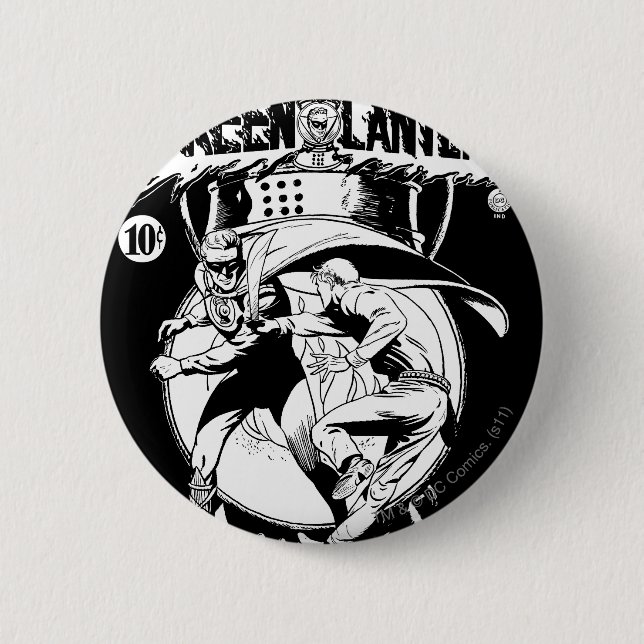 Green Lantern with cape in fight, Black and White 2 Inch Round Button (Front)
