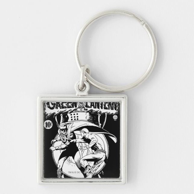 Green Lantern with cape in fight, Black and White Keychain (Front)