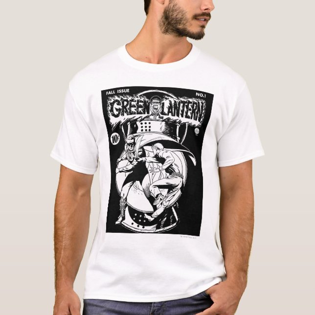 Green Lantern with cape in fight, Black and White T-Shirt (Front)