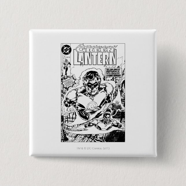 Green Lanterns Flying, Black and White 2 Inch Square Button (Front)