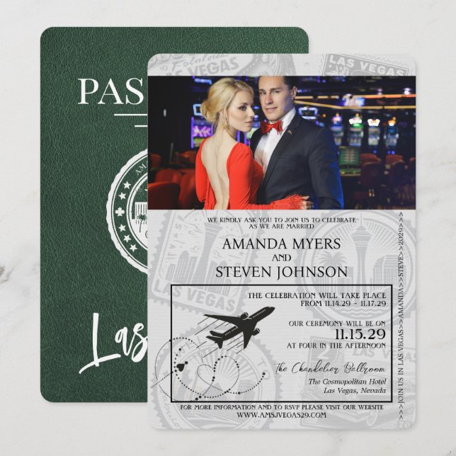 Green Las Vegas Passport Wedding Invitation (Front/Back)