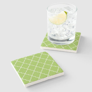 Green Latticework, Quatrefoil, Moroccan Trellis Stone Coaster