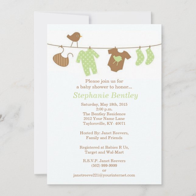 Green Laundry Bird Baby Shower 5x7 Invitation (Front)