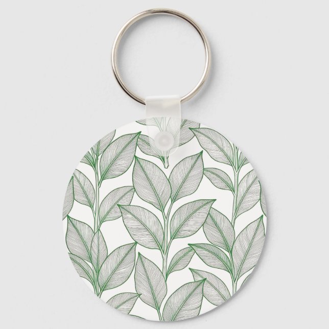 Green Laurel Leaf Botanical Pattern Keychain (Front)