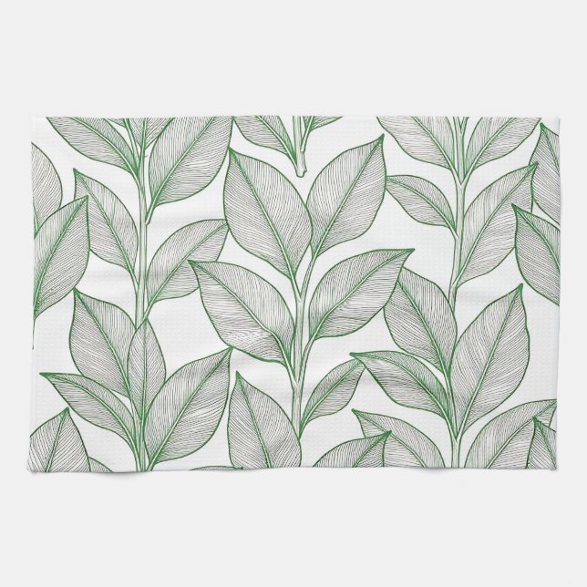 Green Laurel Leaf Botanical Pattern Kitchen Towel (Horizontal)