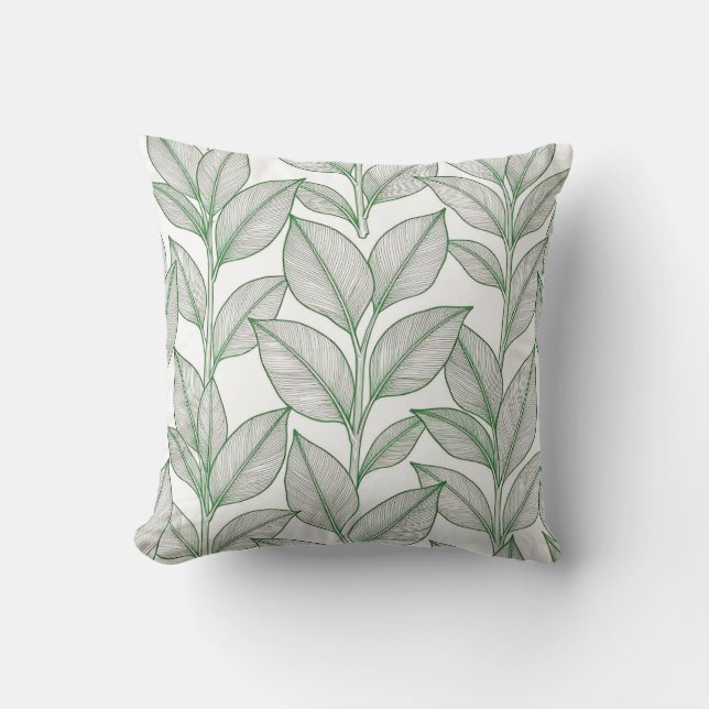 Green Laurel Leaf Botanical Pattern Throw Pillow (Front)