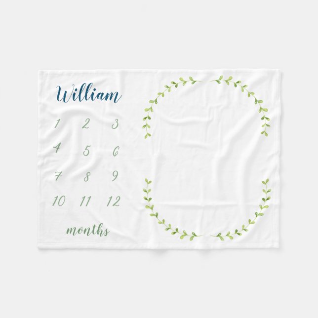Green Laurel Personalized Baby Milestone Photo F Fleece Blanket (Front (Horizontal))