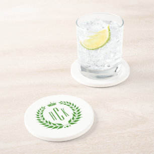 Green Laurel Wreath Custom Monogram Coaster