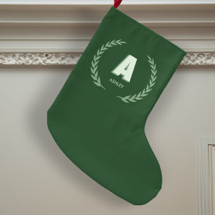 Green Laurel Wreath Letter A Monogram  Large Christmas Stocking