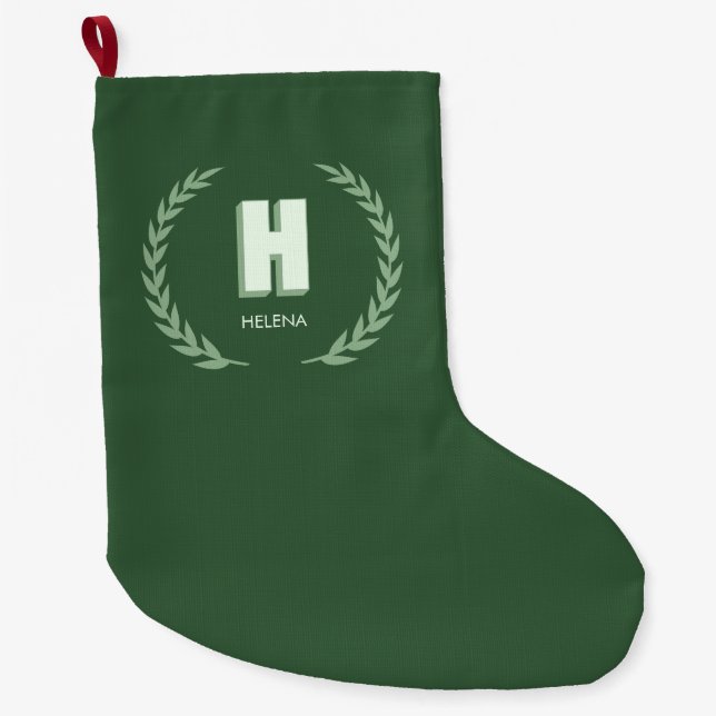 Green Laurel Wreath Letter H Monogram  Large Christmas Stocking (Front)