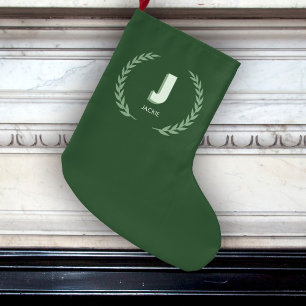 Green Laurel Wreath Letter J Monogram  Large Christmas Stocking