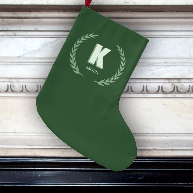 Green Laurel Wreath Letter K Monogram  Large Christmas Stocking (Creator Uploaded)