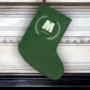 Green Laurel Wreath Letter M Monogram  Large Christmas Stocking