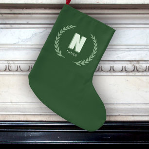 Green Laurel Wreath Letter N Monogram  Large Christmas Stocking