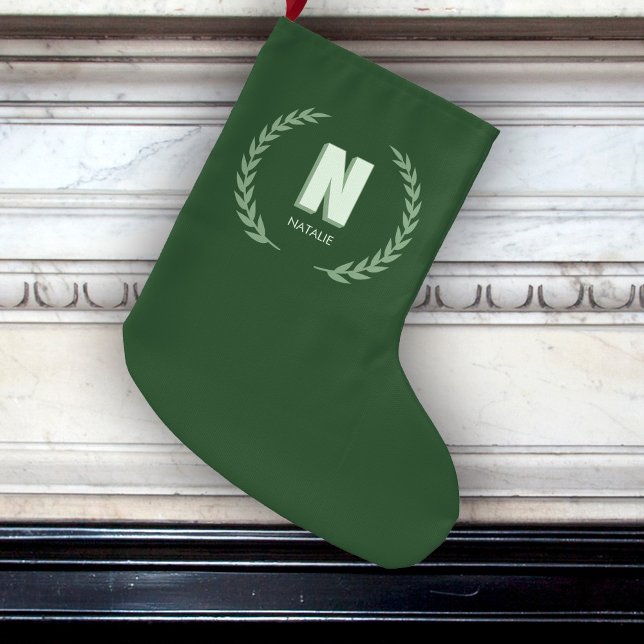 Green Laurel Wreath Letter N Monogram  Large Christmas Stocking (Creator Uploaded)