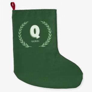 Green Laurel Wreath Letter Q Monogram  Large Christmas Stocking