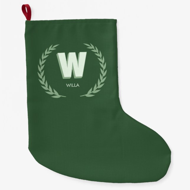 Green Laurel Wreath Letter W Monogram  Large Christmas Stocking (Front)