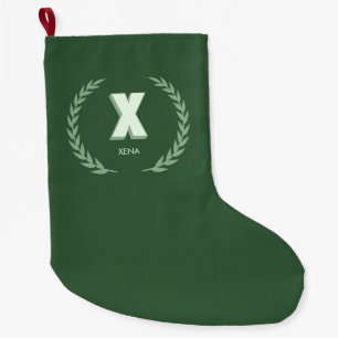 Green Laurel Wreath Letter X Monogram  Large Christmas Stocking