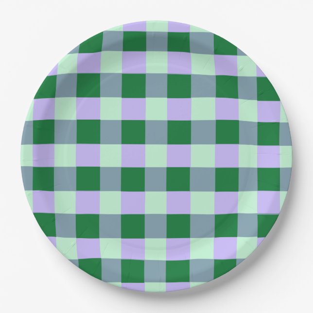 Green & Lavender Gingham Stripes Karo Pattern Paper Plate (Front)