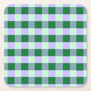 Green & Lavender Gingham Stripes Karo Pattern Square Paper Coaster
