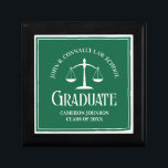 Green Law School Graduate Personalized Graduation Gift Box<br><div class="desc">This custom green law school graduation gift box features white typography under the scales of justice and your college name for the class of 2024. Customize with your graduating year for a great personalized university graduate present.</div>