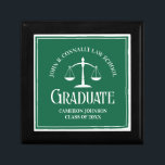 Green Law School Graduate Personalized Graduation Gift Box<br><div class="desc">This custom green law school graduation gift box features white typography under the scales of justice and your college name for the class of 2024. Customize with your graduating year for a great personalized university graduate present.</div>