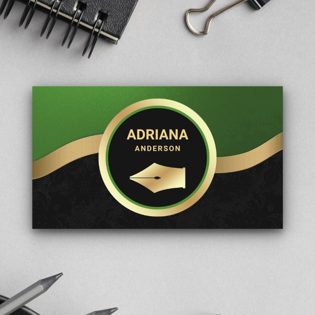 Green Lawyer Attorney Gold Pen Nib Notary Business Card (Creator Uploaded)