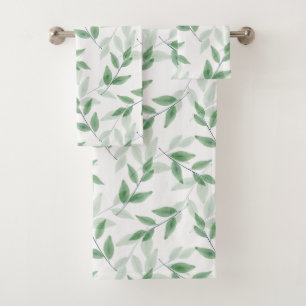 Green Layered Watercolor Leaves Pattern Bath Towel Set