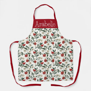 Green Leaf and Bearberry Print with Cream Flower Apron