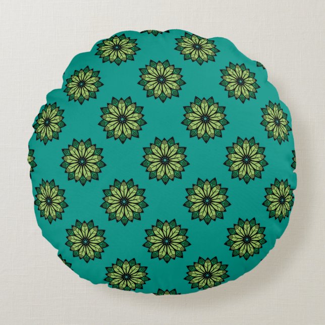 Green Leaf and Flower seamless pattern background. Round Pillow (Front)