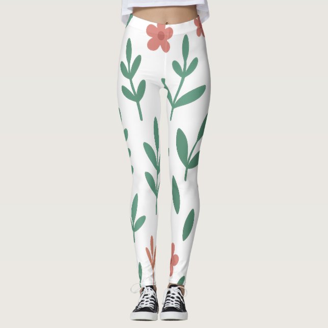 Green Leaf and Pink Flower  Pattern Legging (Front)