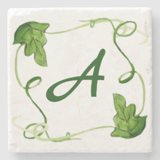 Green Leaf Art Custom Initial Letter Stone Coaster