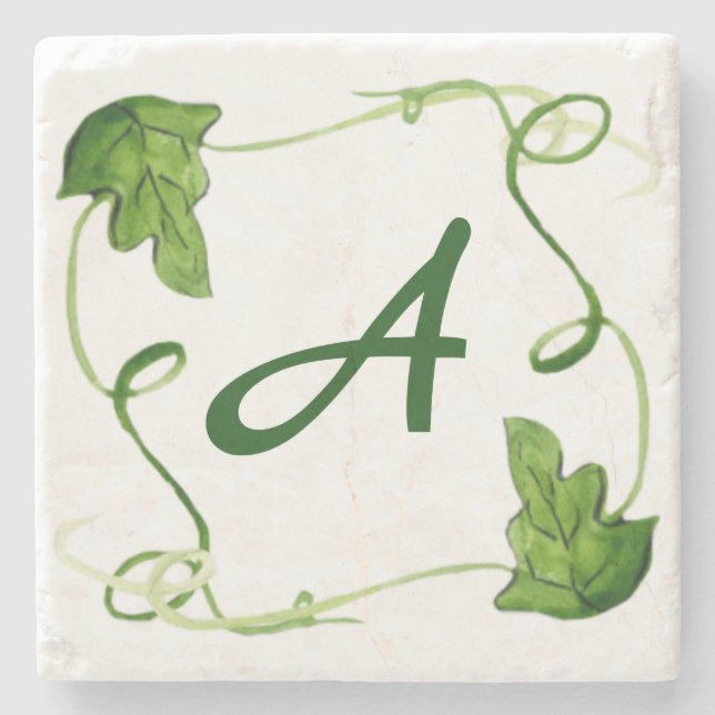 Green Leaf Art Custom Initial Letter Stone Coaster (Front)