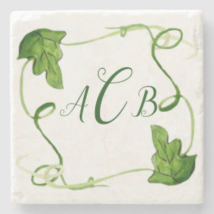 Green Leaf Art Custom Monogram Stone Coaster