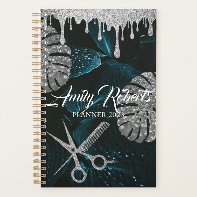 Green Leaf Black Silver Sparkling Salon Planner (Front)