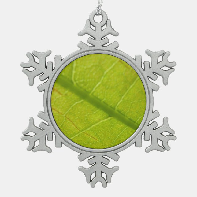 Green Leaf Botanical Nature Photography Snowflake Pewter Christmas Ornament (Front)