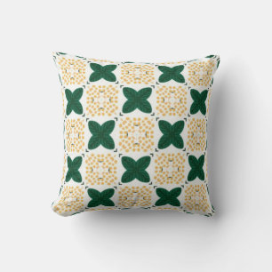 Green leaf chequered pattern yellow flower throw pillow