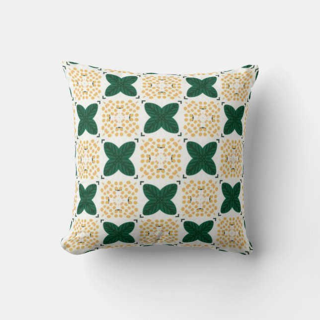 Green leaf chequered pattern yellow flower throw pillow (Front)
