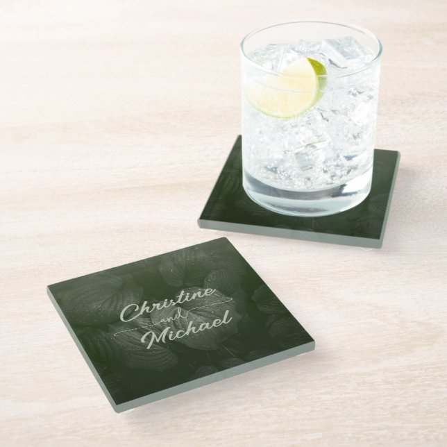 Green leaf elegant greenery spring wedding glass coaster (Angled)