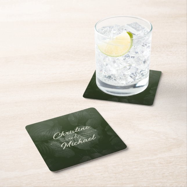 Green leaf elegant greenery spring wedding square paper coaster (Insitu)