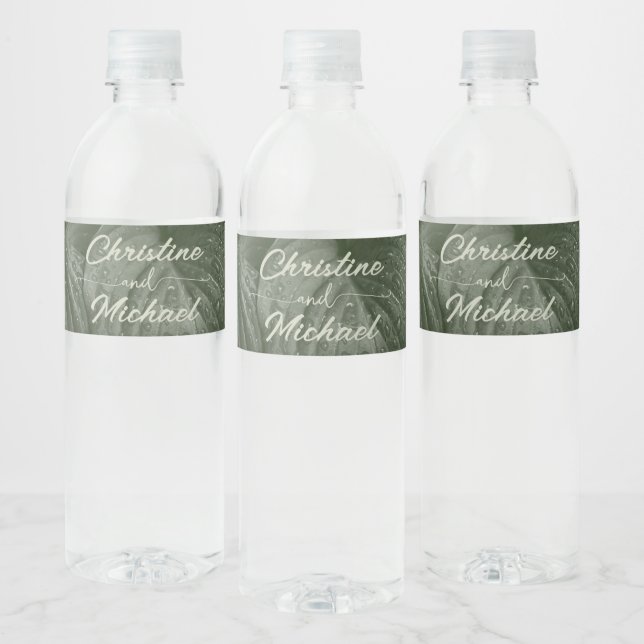 Green leaf elegant greenery spring wedding water bottle label (Bottles)