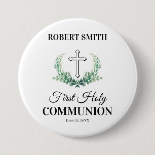 Green leaf first communion 3 inch round button
