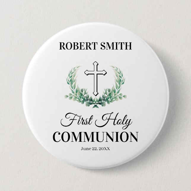 Green leaf first communion  3 inch round button (Front)