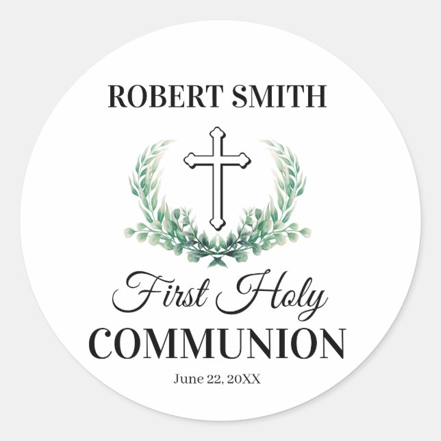 Green leaf first communion  classic round sticker (Front)