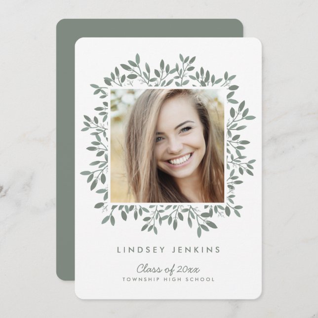 Green Leaf Grad Photo Graduation Party Invitation (Devant / Derrière)