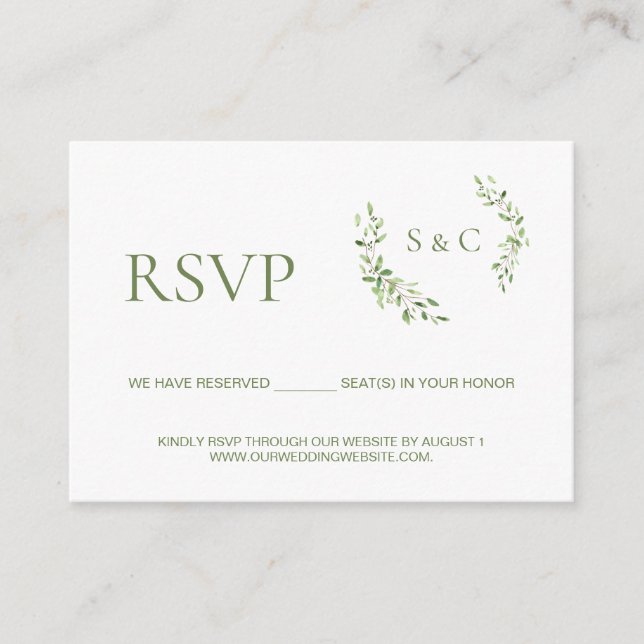 Green leaf Monogram Crest wedding website RSVP Enclosure Card (Front)