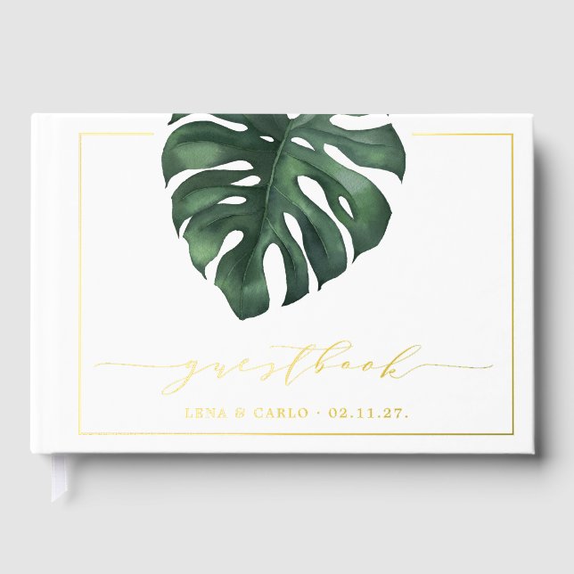 Green Leaf Monstera Wedding Guest Book (Front)