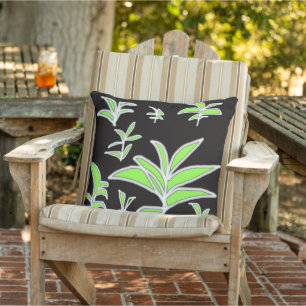 Green Leaf On Black Outdoor Pillow